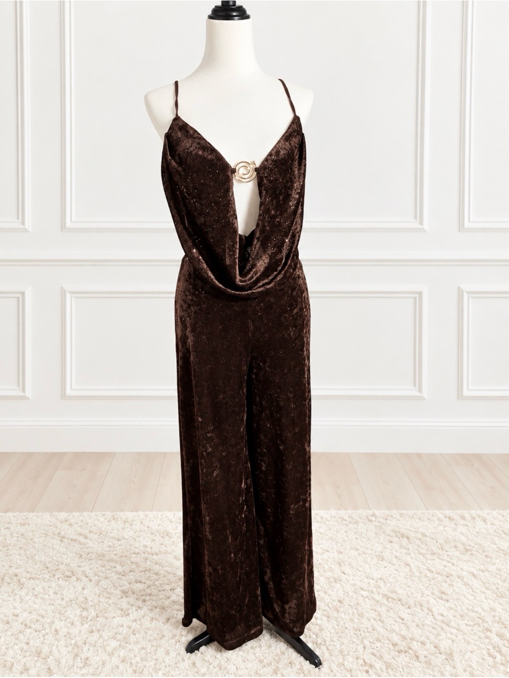 AKIRA Chocolate Velvet Cowl Ring-Front Jumpsuit